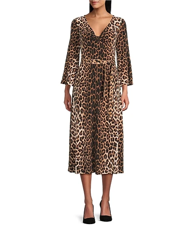 Eva Varro Turn Turn Cheetah Print V-Neck 3/4 Bell Sleeve A-Line Midi Dress