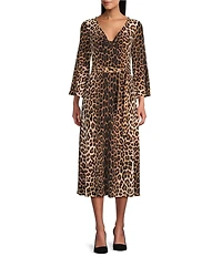 Eva Varro Turn Turn Cheetah Print V-Neck 3/4 Bell Sleeve A-Line Midi Dress