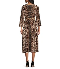 Eva Varro Turn Turn Cheetah Print V-Neck 3/4 Bell Sleeve A-Line Midi Dress