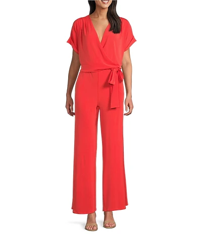 Eva Varro V-Neck Short Sleeve Wide Leg Wrap Jumpsuit