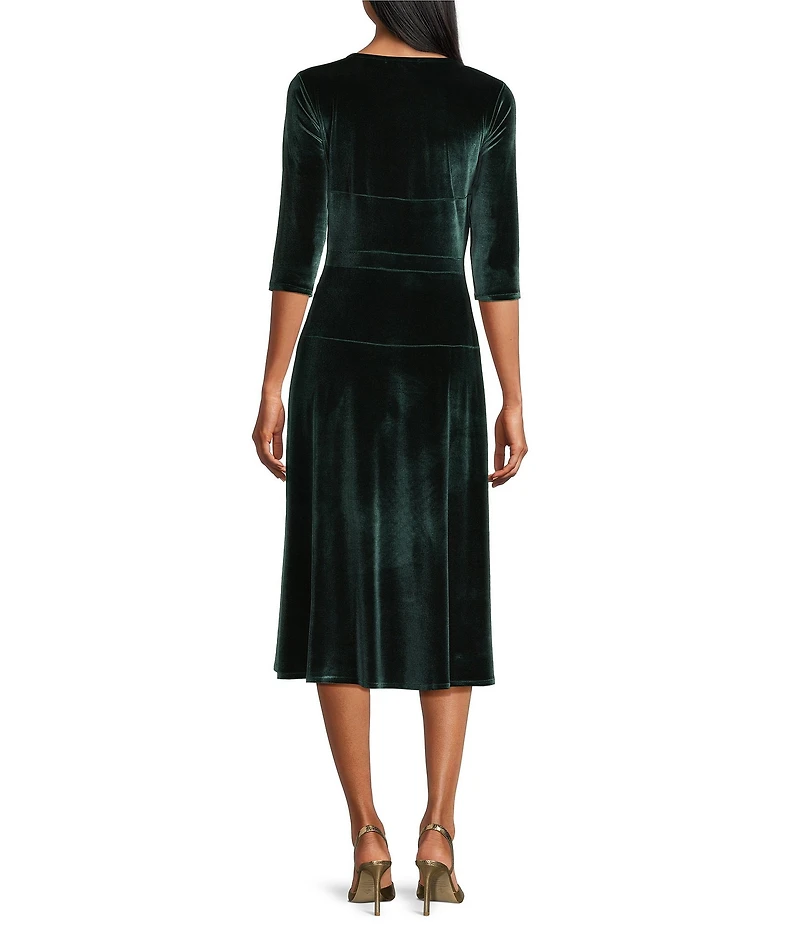 Eva Varro Velvet Round Neck 3/4 Sleeve Midi Dress