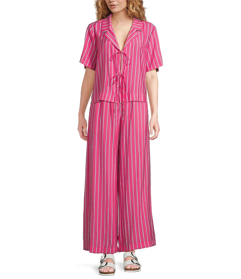 Every Coordinating Striped Knit Notch Collar Short Sleeve Tie Front Top