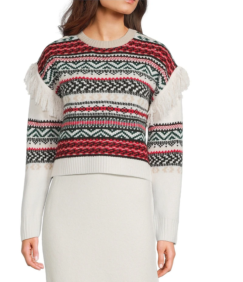 Every Coordinating Wool Blend Geometric Print Fringe Knit Crew Neck Long Sleeve Shirt