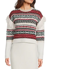 Every Coordinating Wool Blend Geometric Print Fringe Knit Crew Neck Long Sleeve Shirt