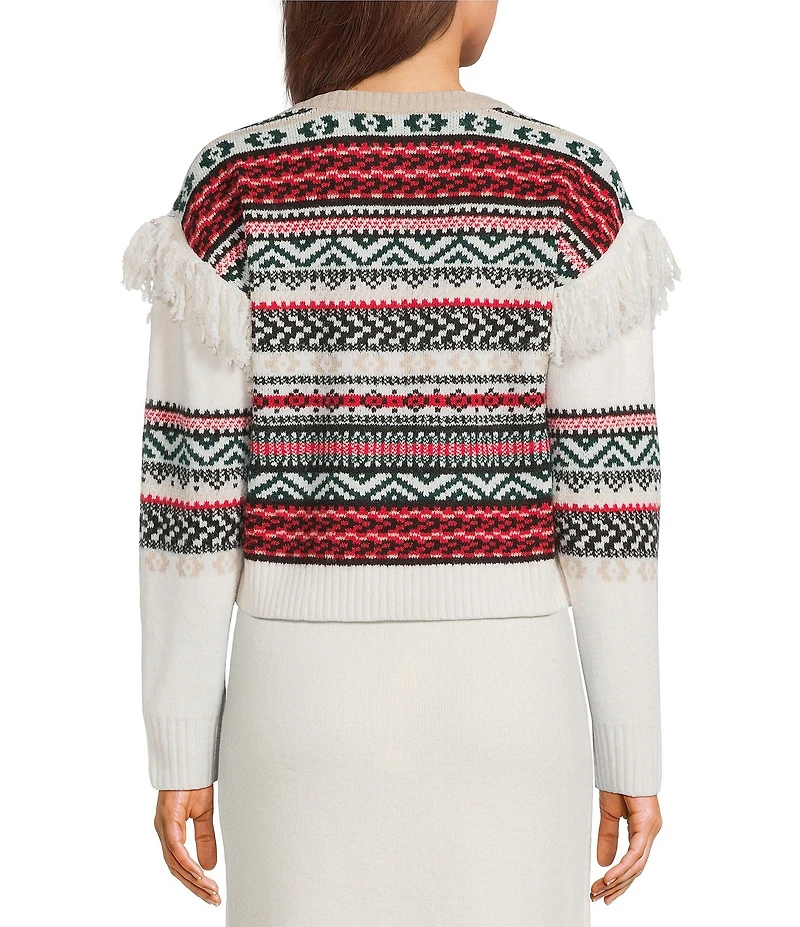 Every Coordinating Wool Blend Geometric Print Fringe Knit Crew Neck Long Sleeve Shirt