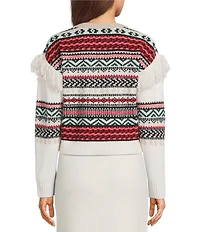 Every Coordinating Wool Blend Geometric Print Fringe Knit Crew Neck Long Sleeve Shirt