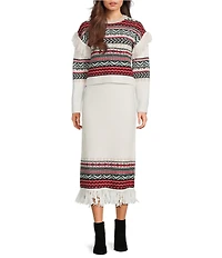 Every Coordinating Wool Blend Geometric Print Fringe Knit Crew Neck Long Sleeve Shirt