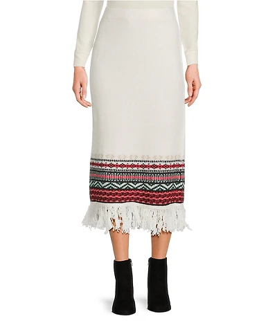 Every Coordinating Wool Blend Geometric Print Fringe Knit Mid Rise Pencil Maxi Skirt