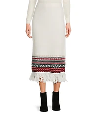 Every Coordinating Wool Blend Geometric Print Fringe Knit Mid Rise Pencil Maxi Skirt