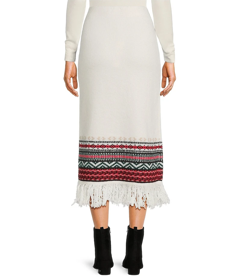 Every Coordinating Wool Blend Geometric Print Fringe Knit Mid Rise Pencil Maxi Skirt