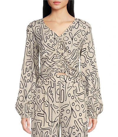 Every Abstract Print Linen Blend Long Sleeve Coordinating Crop Top