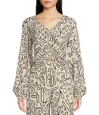 Every Abstract Print Linen Blend Long Sleeve Coordinating Crop Top