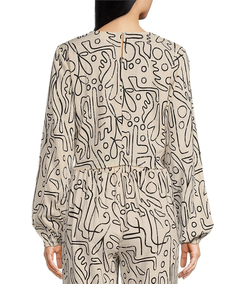 Every Abstract Print Linen Blend Long Sleeve Coordinating Crop Top