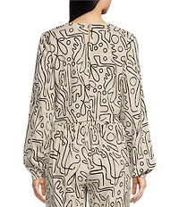 Every Abstract Print Linen Blend Long Sleeve Coordinating Crop Top