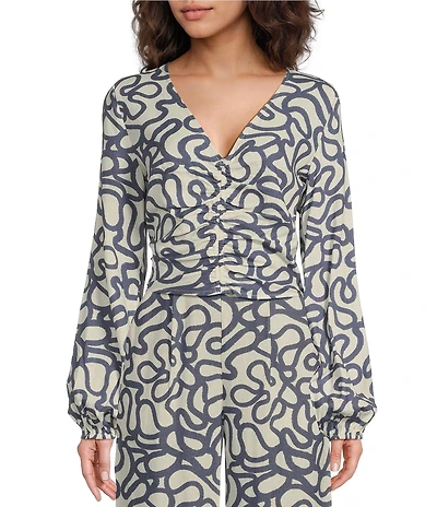 Every Doodle Print Linen Blend Long Sleeve Coordinating Crop Top