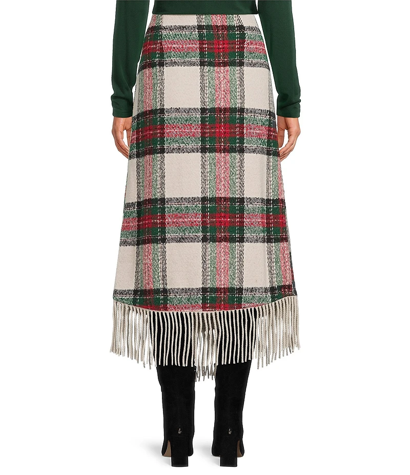 Every Fringe Woven Plaid Mid Rise Wrap Midi Skirt