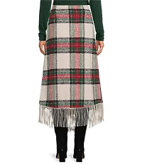 Every Fringe Woven Plaid Mid Rise Wrap Midi Skirt