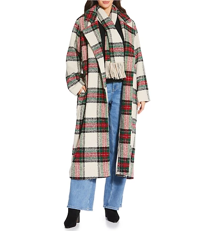 Every Fringe Woven Plaid Notch Lapel Collar Long Sleeve Car Coat