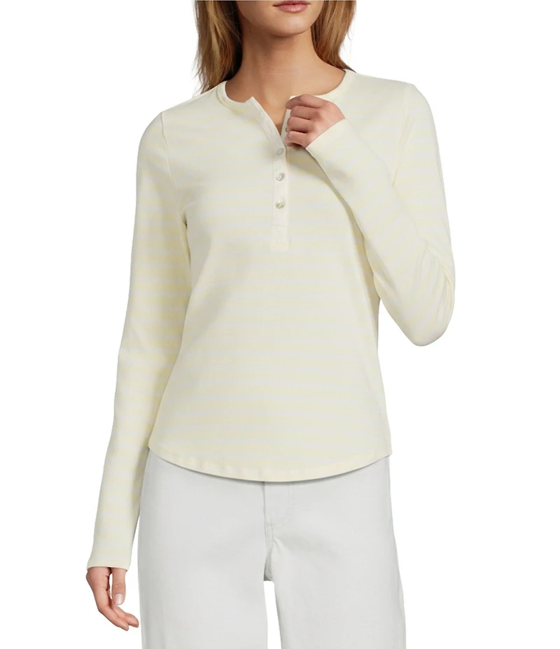 Every Henley Knit Striped Round Collar Long Sleeve Top