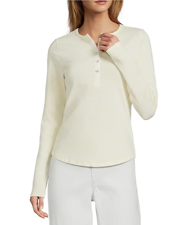 Every Henley Knit Striped Round Collar Long Sleeve Top