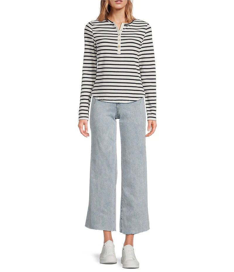 Every Henley Knit Striped Round Collar Long Sleeve Top