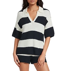 Every Honey Comb Stripe Knit V-Neck Collar Short Sleeve Polo Top