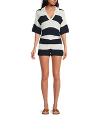 Every Honey Comb Stripe Knit V-Neck Collar Short Sleeve Polo Top