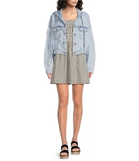 Every Hooded Denim V-Neck Hooded Long Sleeve Jacket