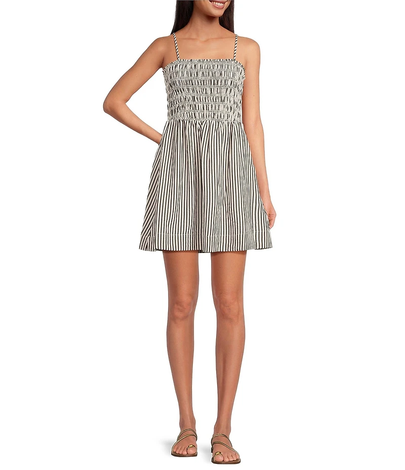 Every Knit Striped Square Neck Sleeveless Smocked A-Line Mini Dress