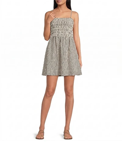 Every Knit Striped Square Neck Sleeveless Smocked A-Line Mini Dress