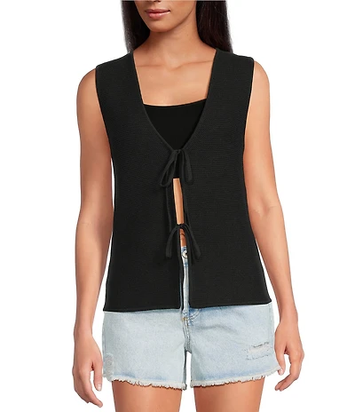 Every Knit V-Neck Sleeveless Tie Front Blouse