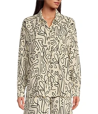 Every Linen Abstract Print Linen Blend V-Neck Long Sleeve Button Front Coordinating Blouse