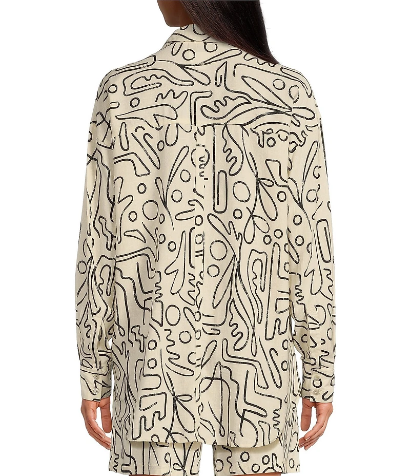 Every Linen Abstract Print Linen Blend V-Neck Long Sleeve Button Front Coordinating Blouse
