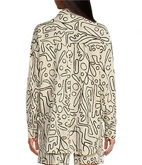 Every Linen Abstract Print Linen Blend V-Neck Long Sleeve Button Front Coordinating Blouse