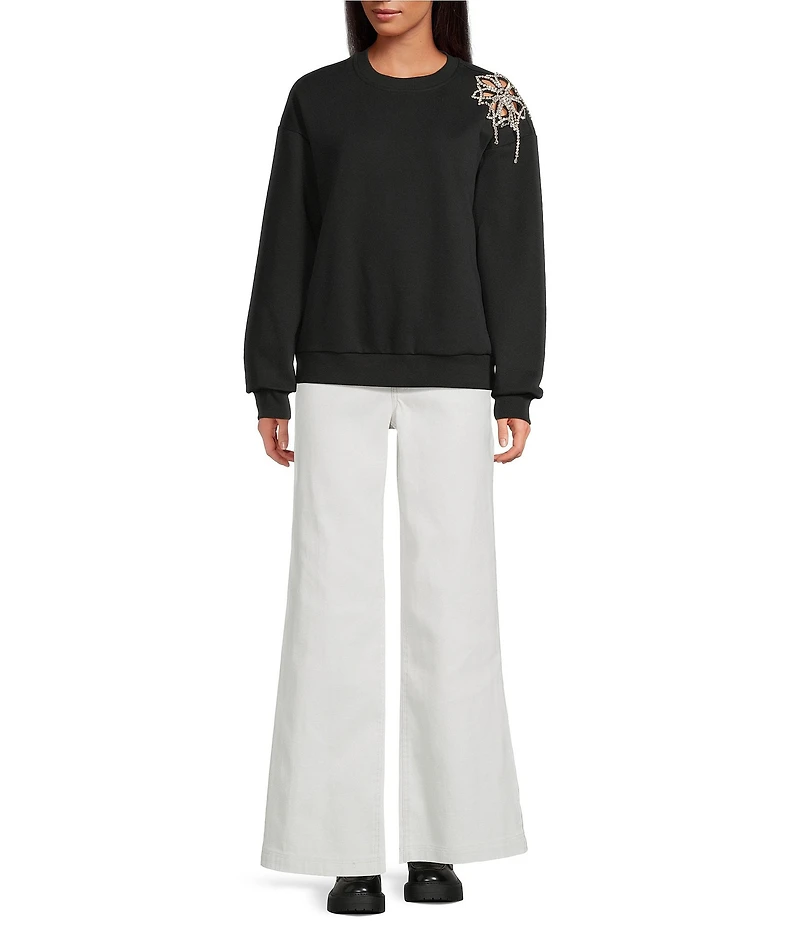 Every Rhinestone Knit Crew Neck Long Sleeve Sweatshirt