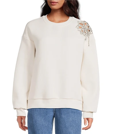 Every Rhinestone Knit Crew Neck Long Sleeve Sweatshirt