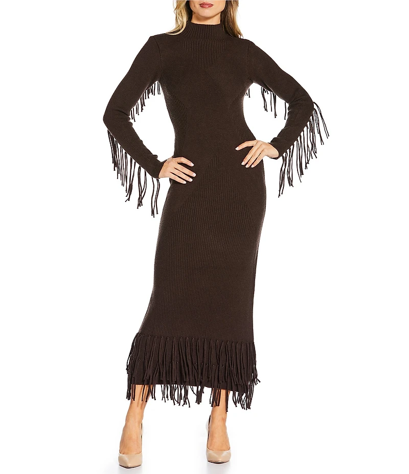 Every Ribbed Knit Mock Neck Long Sleeve Criss Cross Bodycon Tiered Fringe Maxi Sweater Dress