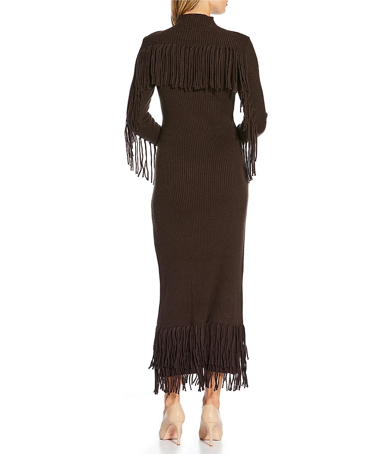 Every Ribbed Knit Mock Neck Long Sleeve Criss Cross Bodycon Tiered Fringe Maxi Sweater Dress
