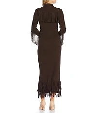 Every Ribbed Knit Mock Neck Long Sleeve Criss Cross Bodycon Tiered Fringe Maxi Sweater Dress
