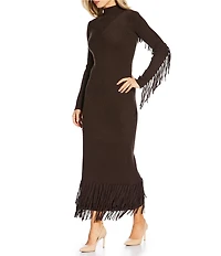 Every Ribbed Knit Mock Neck Long Sleeve Criss Cross Bodycon Tiered Fringe Maxi Sweater Dress