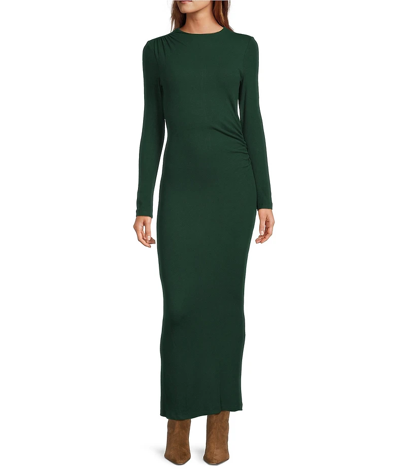 Every Ribbed Knit Round Neck Long Sleeve Ruched A-Line Dress