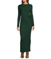 Every Ribbed Knit Round Neck Long Sleeve Ruched A-Line Dress
