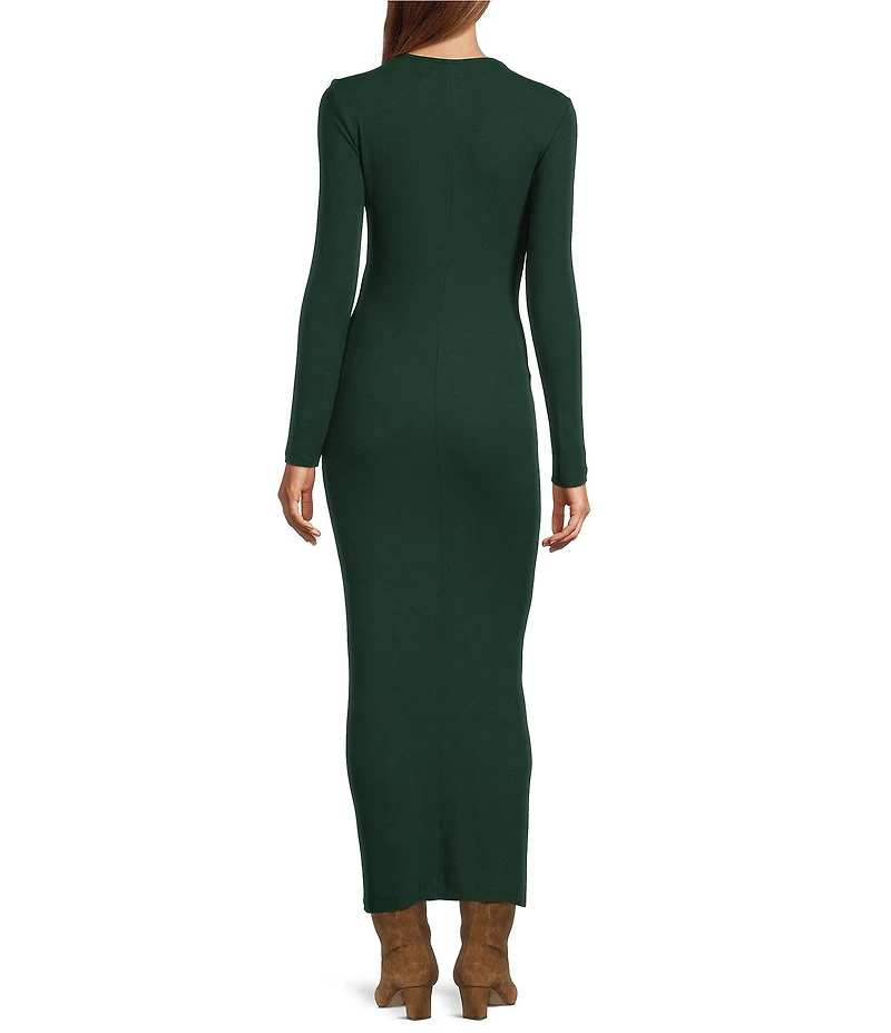 Every Ribbed Knit Round Neck Long Sleeve Ruched A-Line Dress