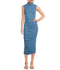 Every Ruched Knit Mock Neck Sleeveless Bodycon Midi Dress
