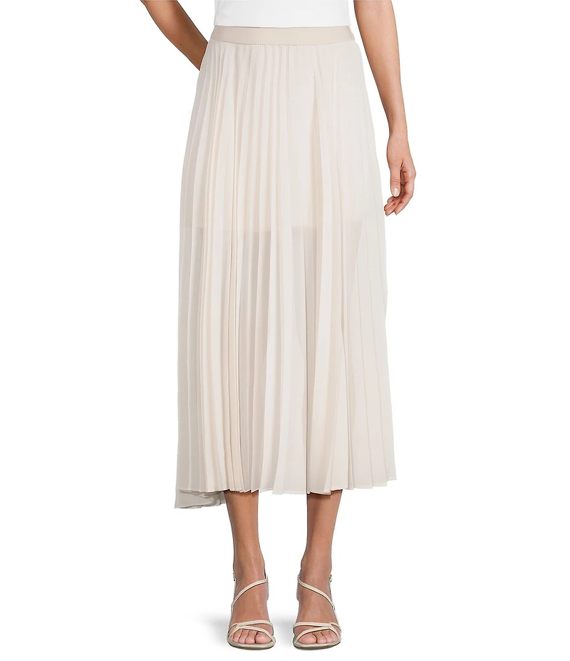 Every Sheer Woven Pleated Mid Rise A-Line Midi Skirt