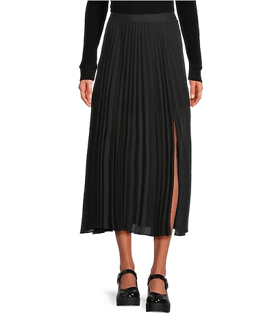 Every Sheer Woven Pleated Mid Rise A-Line Midi Skirt