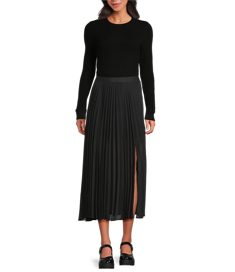 Every Sheer Woven Pleated Mid Rise A-Line Midi Skirt
