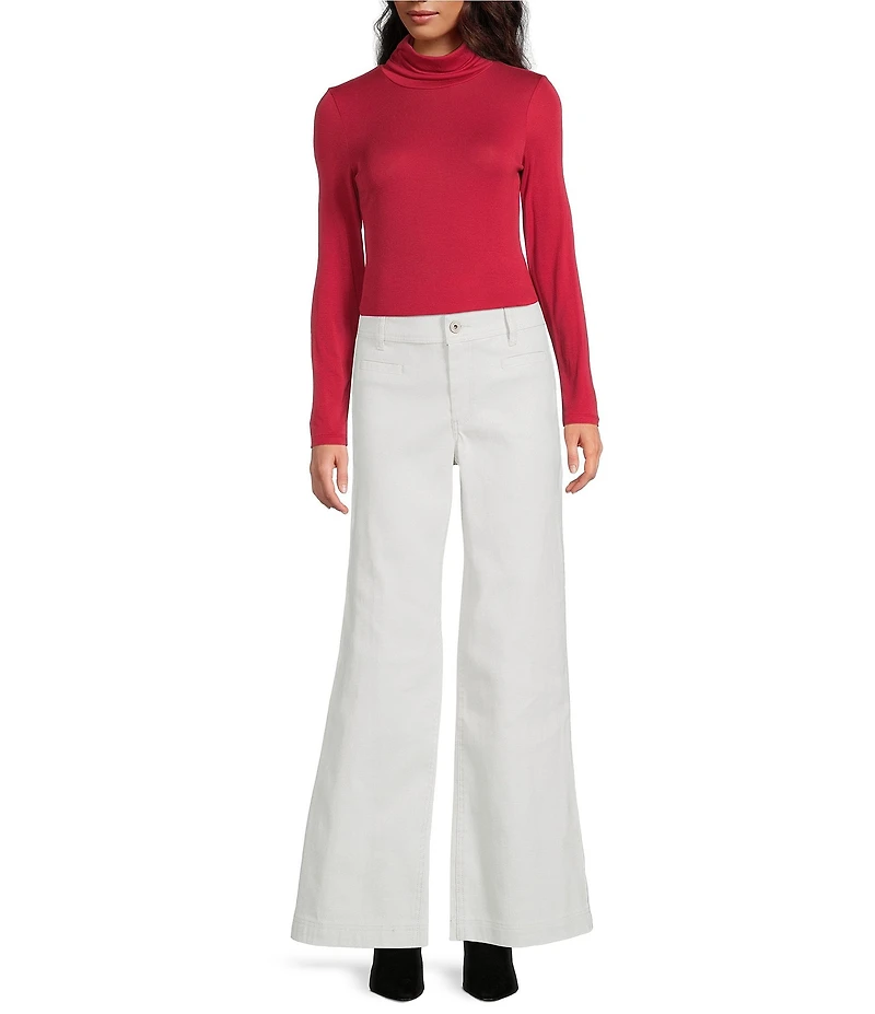 Every Wide Leg Welt Pocket Woven Mid Rise 5 Pocket Jean Full Length Pants