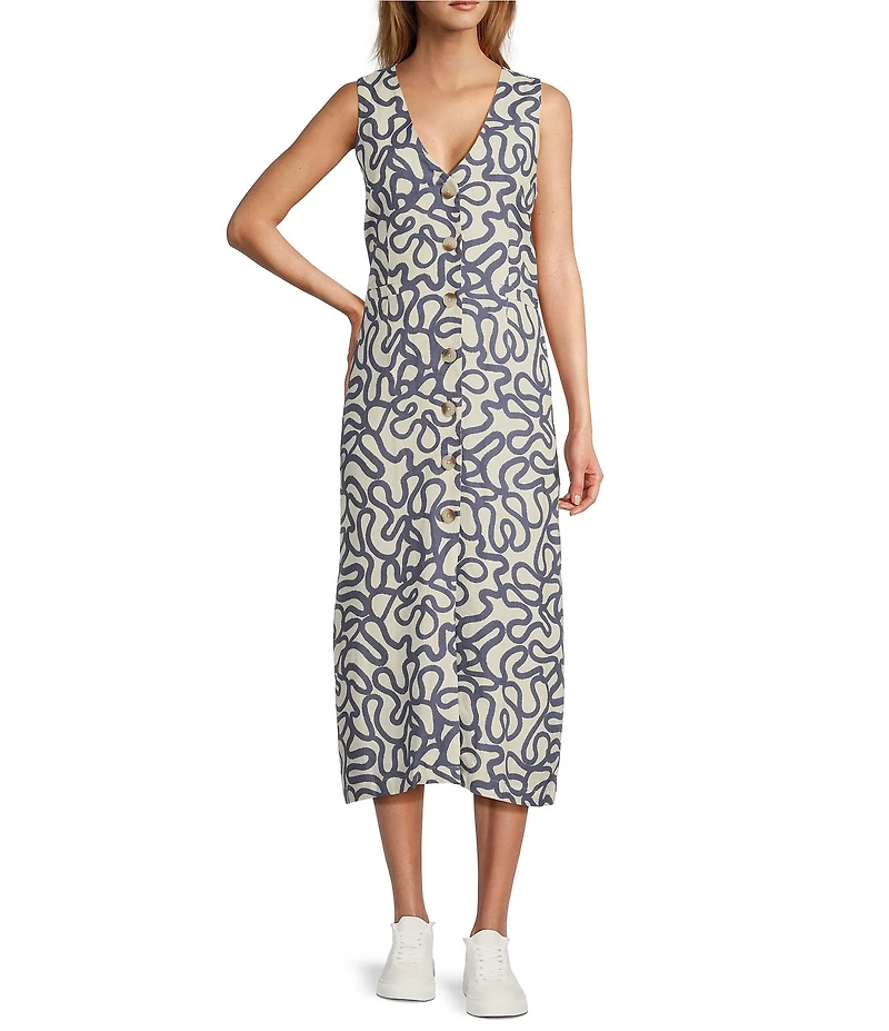 Every Woven Doodle Print V-Neck Sleeveless Button Front Shift Midi Dress