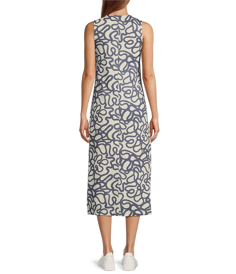 Every Woven Doodle Print V-Neck Sleeveless Button Front Shift Midi Dress